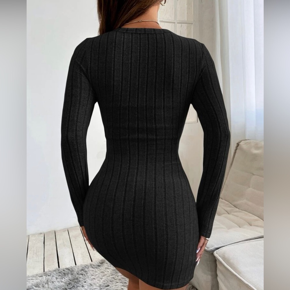 Black dress with sleeves ribbed knit bodycon dress